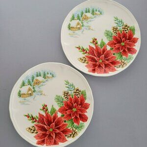 Winter Poinsettia Salad Plate, Set of 2, Cabin in Snow, Pinecone & Floral Design